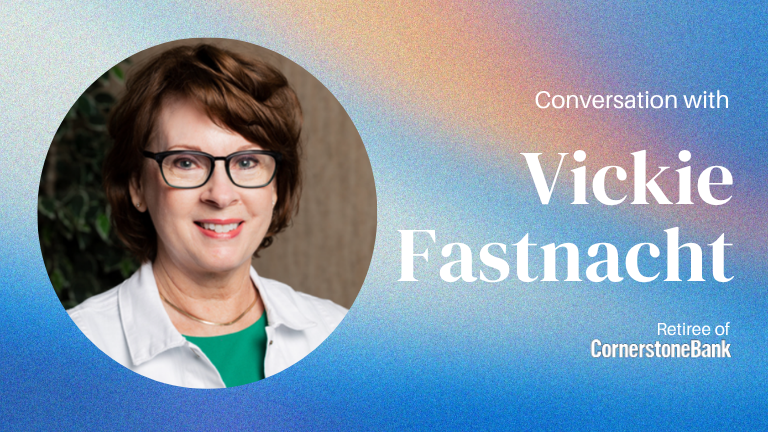 Circular headshot of Vickie Fastnacht on a blue gradient banner, with the text 'Conversation with Vickie Fastnacht'.