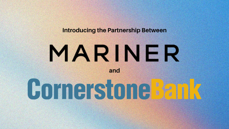 Announcement of a partnership between MARINER and Cornerstone Bank on a blue-to-pink gradient background.